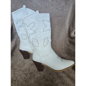Ann Creek Womens White Studded Western Boots Pointed Toe Block Heel Size 8.5 M